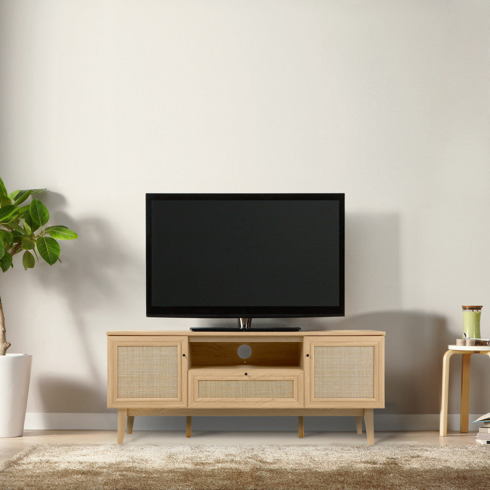 Caned TV Stand, Drawer, Storage Doors Fits TVs up to 65", Cable Management, Oak