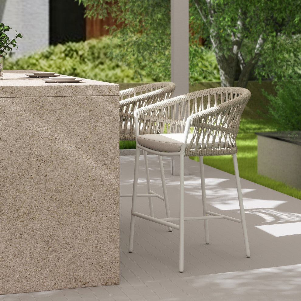 Maiden 27" Woven Barrel Back Outdoor Patio Counter Stool, Set of 2, Wheat Beige Axroma Olefin