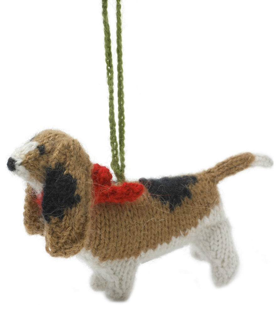 Hand-Knit Basset Hound Christmas Ornament