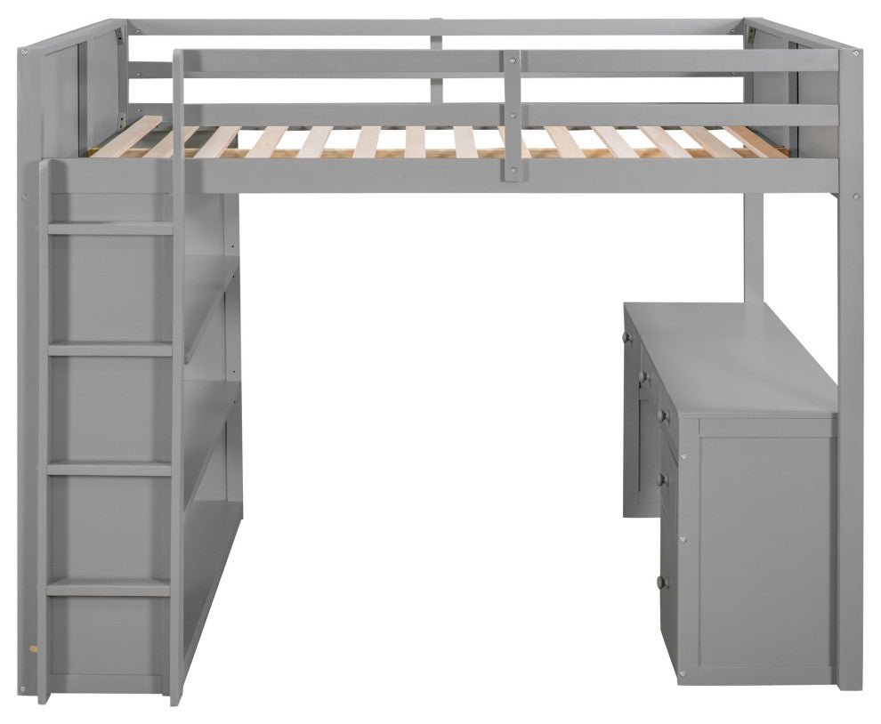 Gewnee Full Size Wood Loft Bed with Ladder,Shelves and Desk in Gray