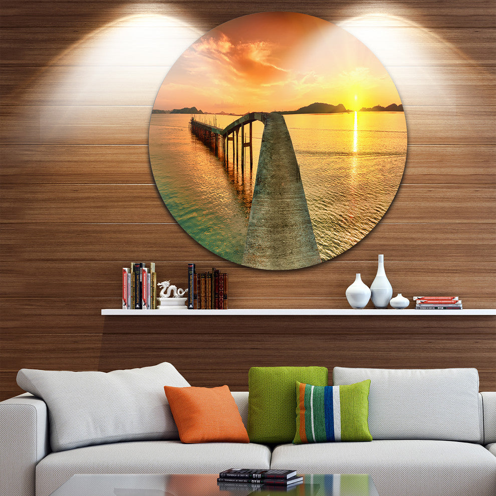 Sunset Over Pier Panorama, Photography Round Wall Art, 38"
