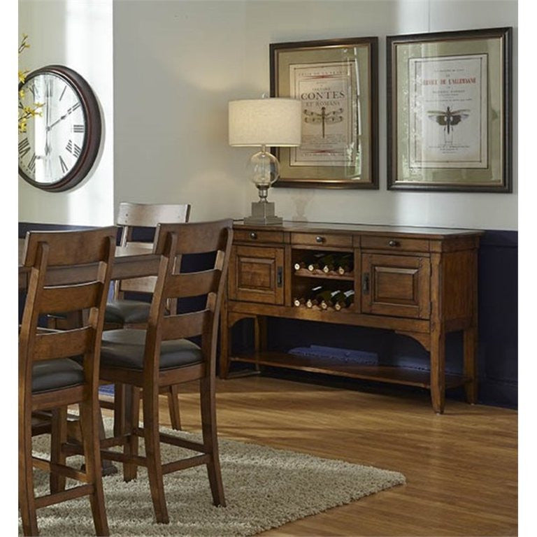 Classic Sideboard, Mango Wood Frame With 2 Cabinets & Center Wine Rack, Brown