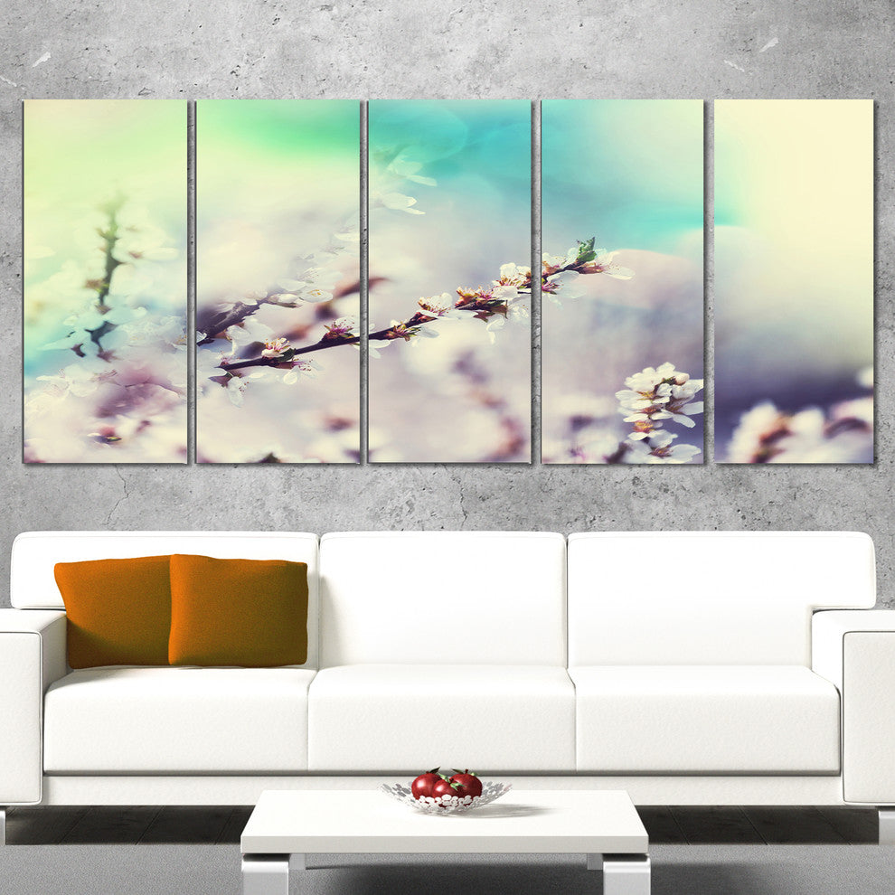White Cherry Blossoming Flowers, Floral Canvas Art Print, 60"x28", 5 Panels