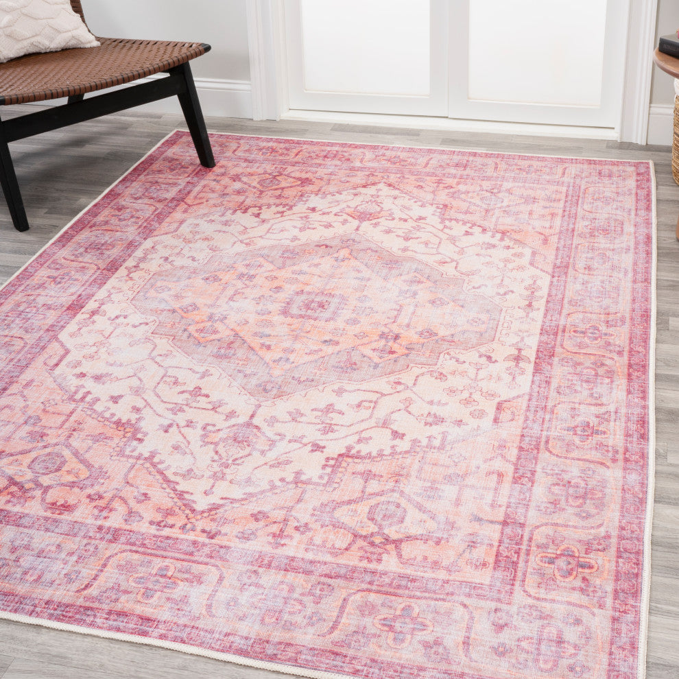 Alacati Ogee Medallion Machine Washable Indoor Area Rug, Red/Orange/Cream, 5 X 8