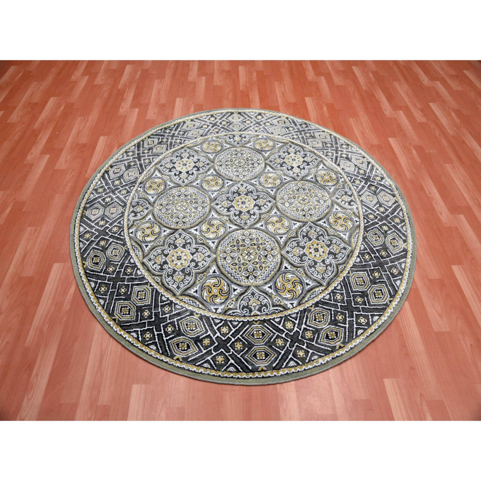 Taupe/Brown Wool Silk Mughal Inspired Hand/Knotted Round Rug, 6'1"x6'1"