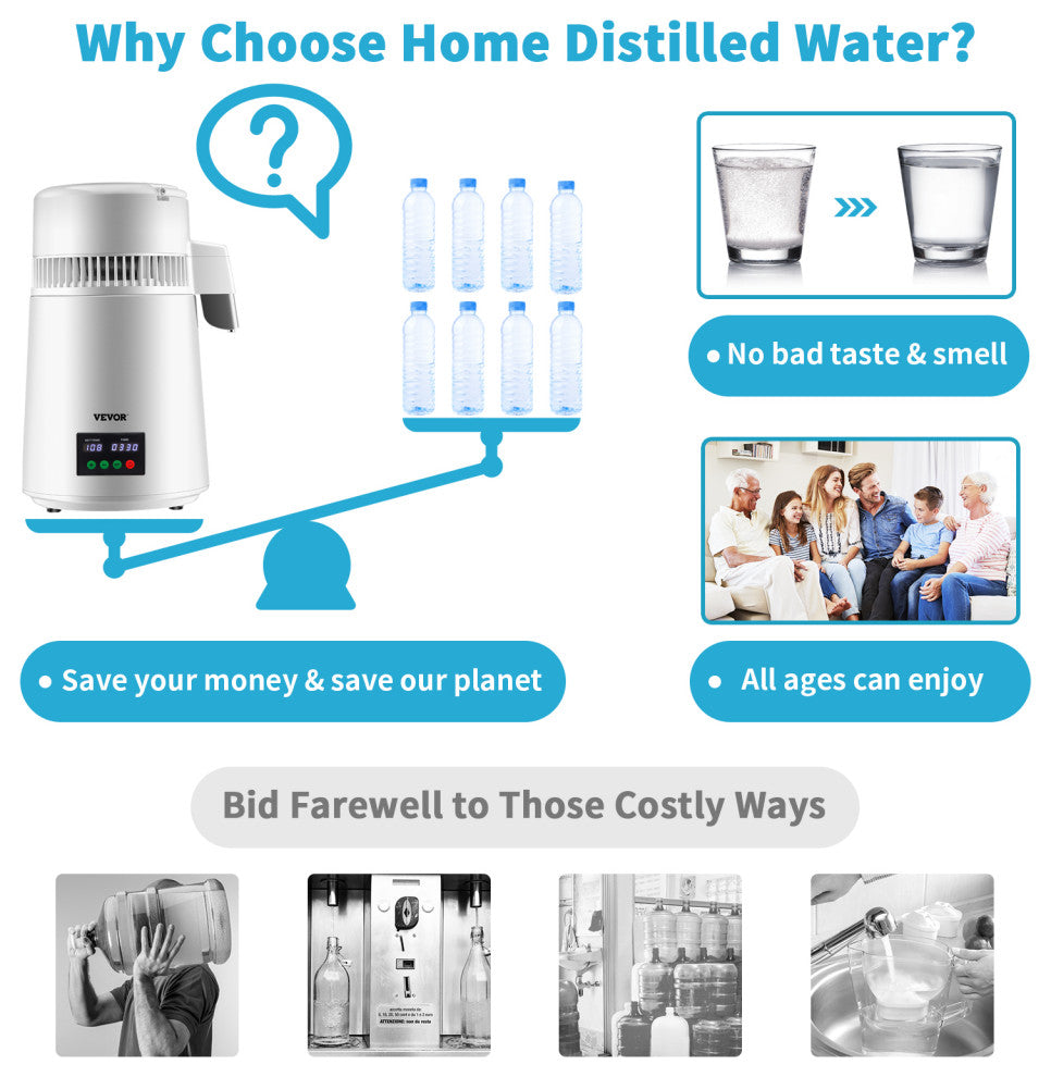 VEVOR 4L Water Distiller 1L/H Distilled Water Maker Timing & Temp Display White