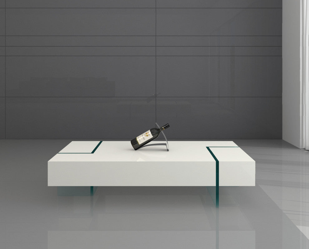 Modern Rectangular Coffee Table With 15MM Thick Glass Base, White, 12'' Height