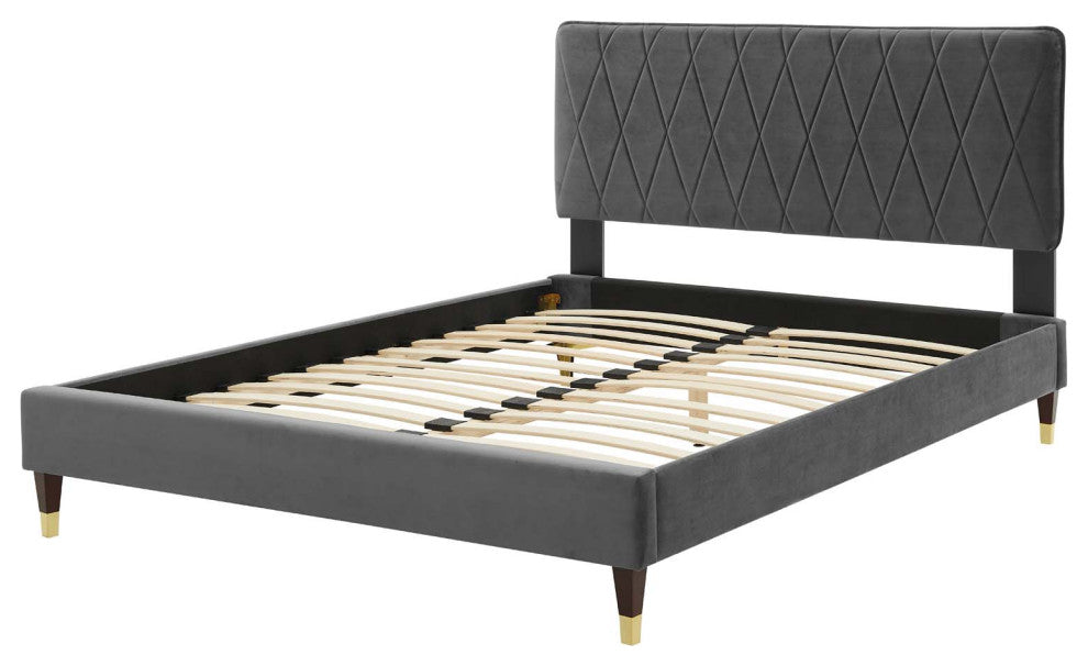 Platform Bed Frame, King Size, Velvet, Dark Gray, Modern Contemporary