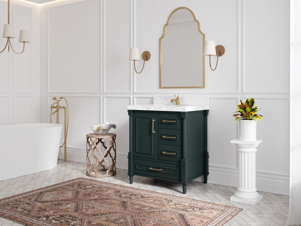 Aberdeen 30 Single Sink Bath Vanity in Dark Forest Green 2" Calacatta Nuvo