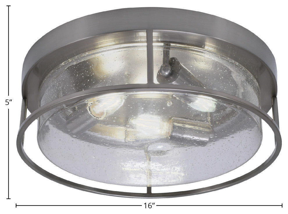 16" 3-Light Flush Mount Light, Brushed Nickel, Clear Bubble Glass