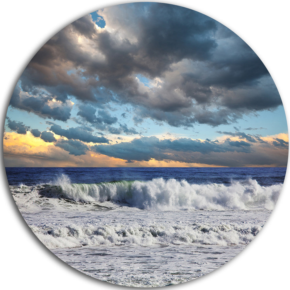 Heavy Storm In Ocean At Sunset, Modern Beach Round Metal Wall Art, 23"