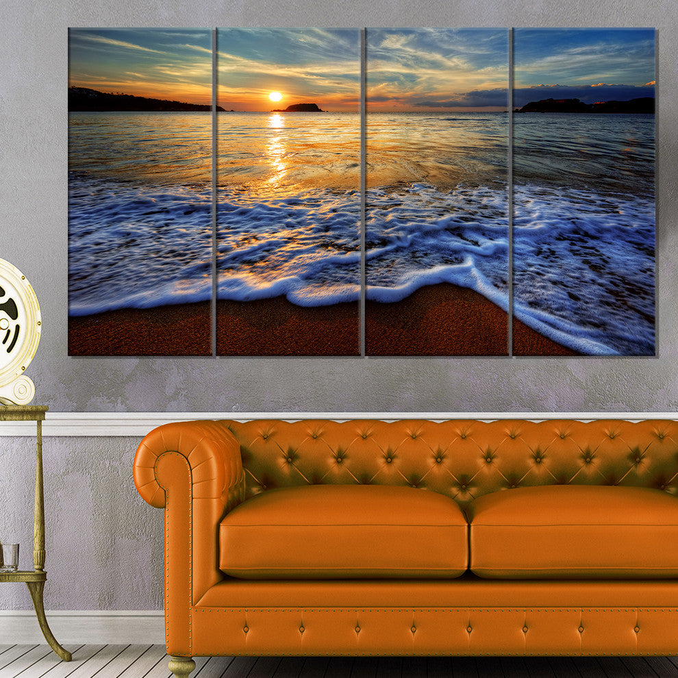 Peaceful Sandy Beach with Waves, Canvas Print, 48"x28", 4 Panels