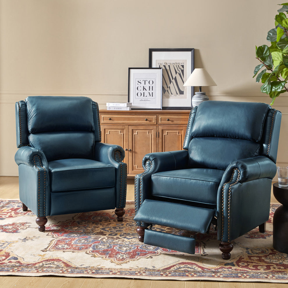 Genuine Leather Cigar Recliner With Nail Head Trim, Turquoise