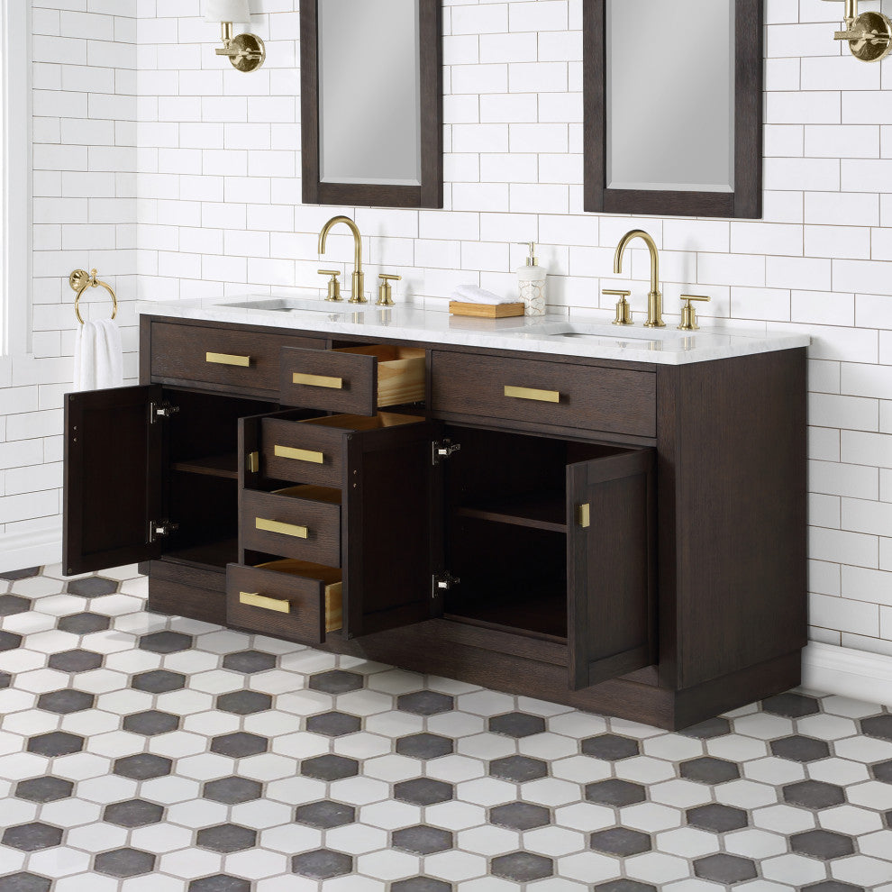 Water Creation Chestnut 72" Bath Vanity, Brown Oak, Satin Gold Hardware, With Faucet(s)