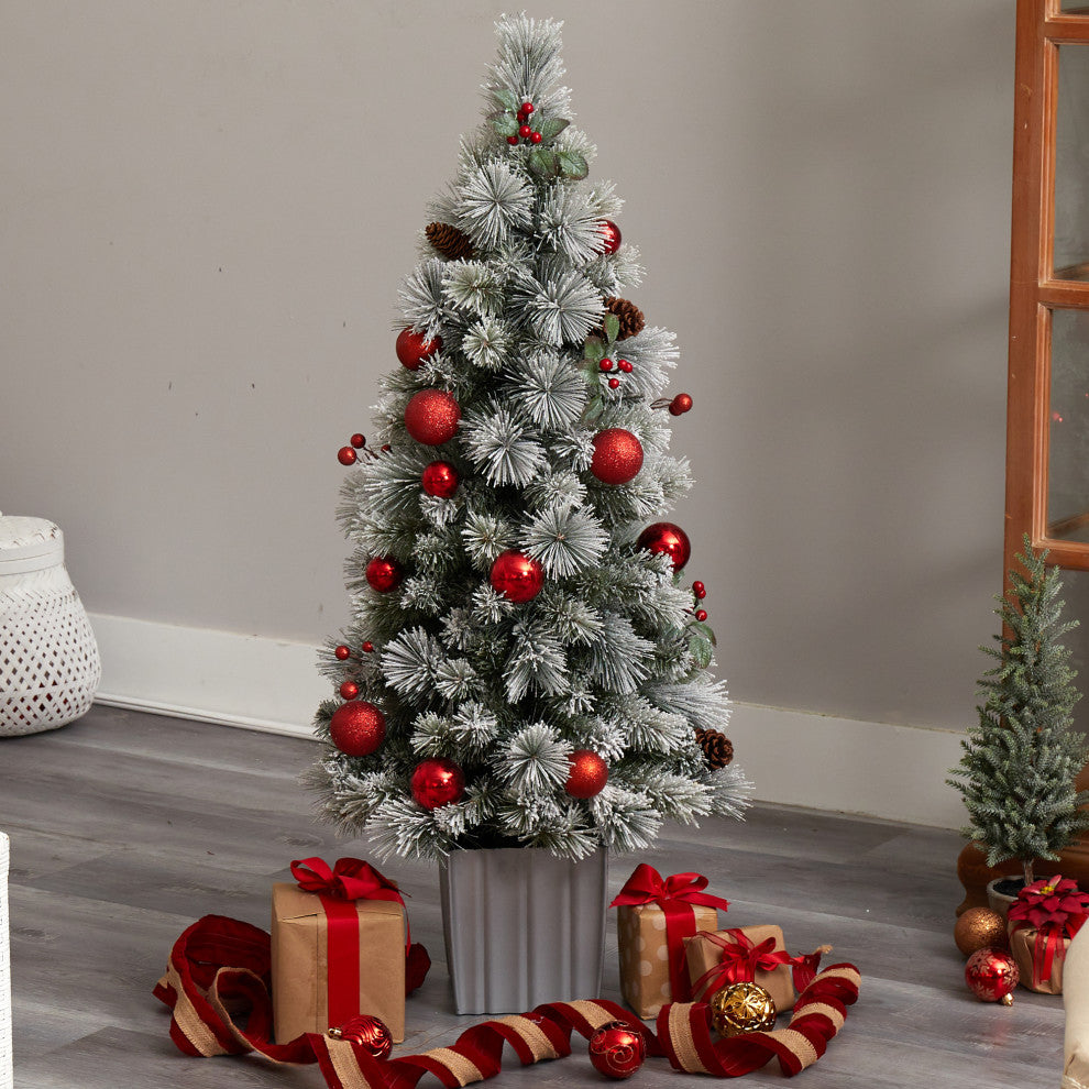 4' Winter Flocked Christmas Tree Pre-Lit With 50 LED Lights, Ornaments, Planter