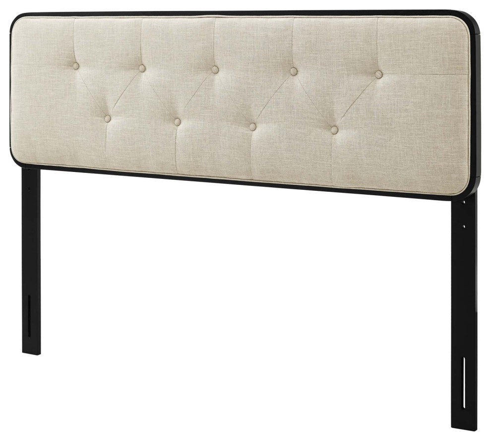 Tufted Headboard, Full Size, Wood, Fabric, Black Beige, Modern Mid-Century