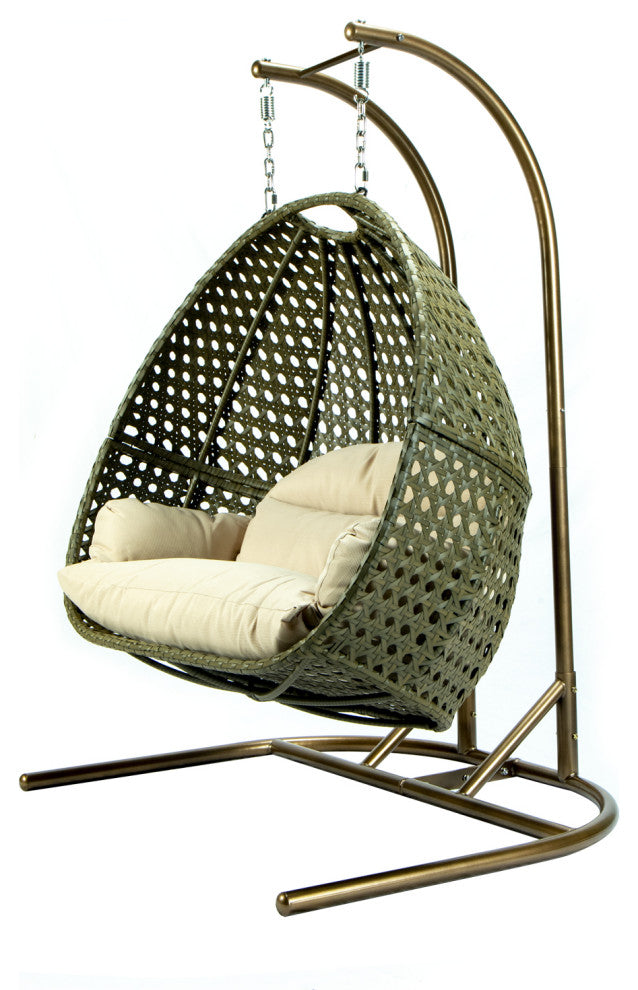 LeisureMod Wicker Hanging Double Egg Swing Chair, Beige