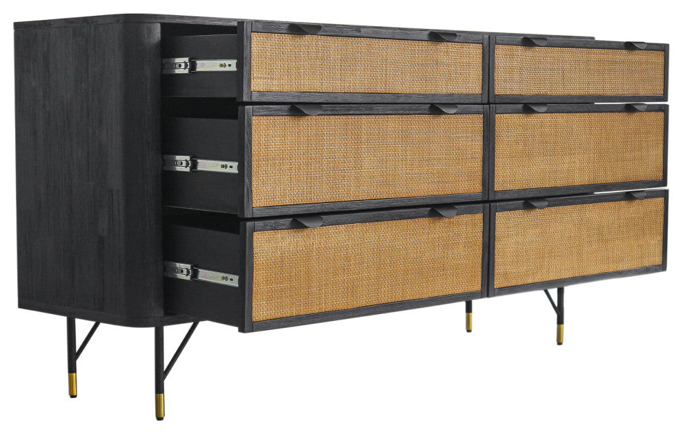 Saratoga 6 Drawer Dresser in Black Acacia with Rattan