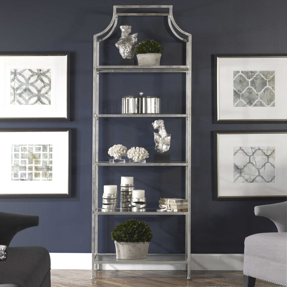 Minimalist Silver Arch Metal Etagere, Standing Book Shelf Modern Glass Shelves