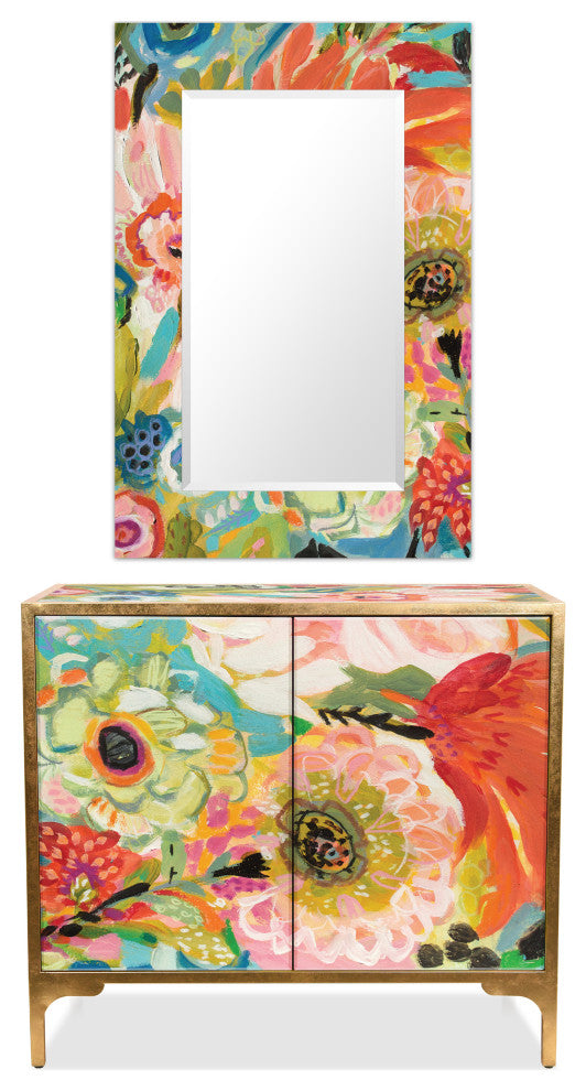 Secret Garden Floral III Cabinet and Mirror Set on Beveled Art Glass