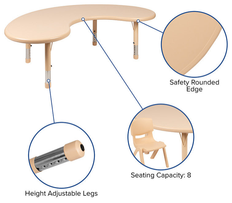 35"x65" Height Adjustable Half-Moon Plastic Table, Natural