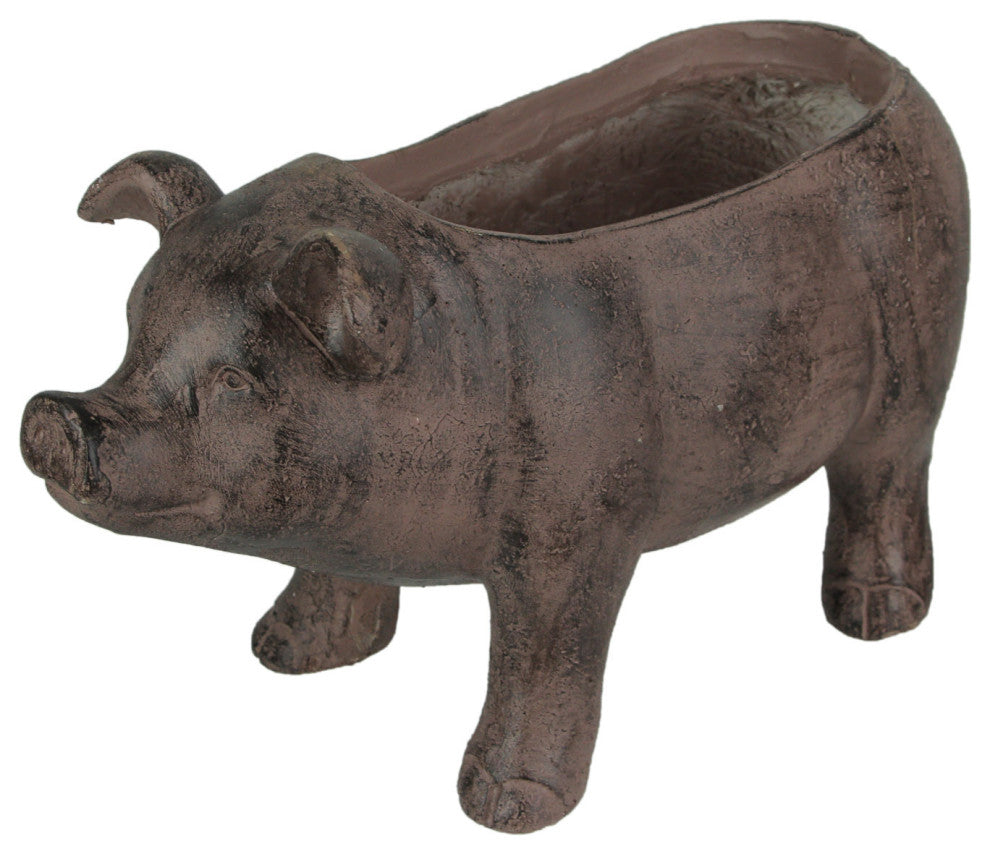 17 Inch Long Rustic Brown Finish Smiling Pig Planter
