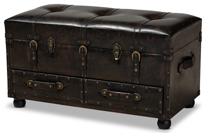 Distressed Dark Brown Faux Leather Upholstered 2-Drawer Storage Trunk Ottoman