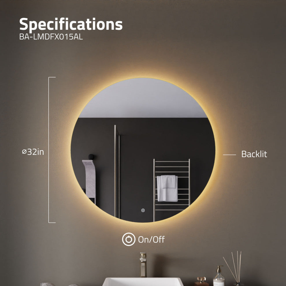 ANZZI 32" Diam. LED Back Lighting Bathroom Mirror With Defogger