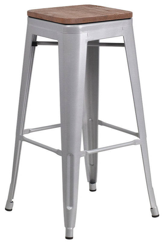 30" High Backless Silver Metal Barstool With Square Wood Seat