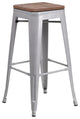 30" High Backless Silver Metal Barstool With Square Wood Seat