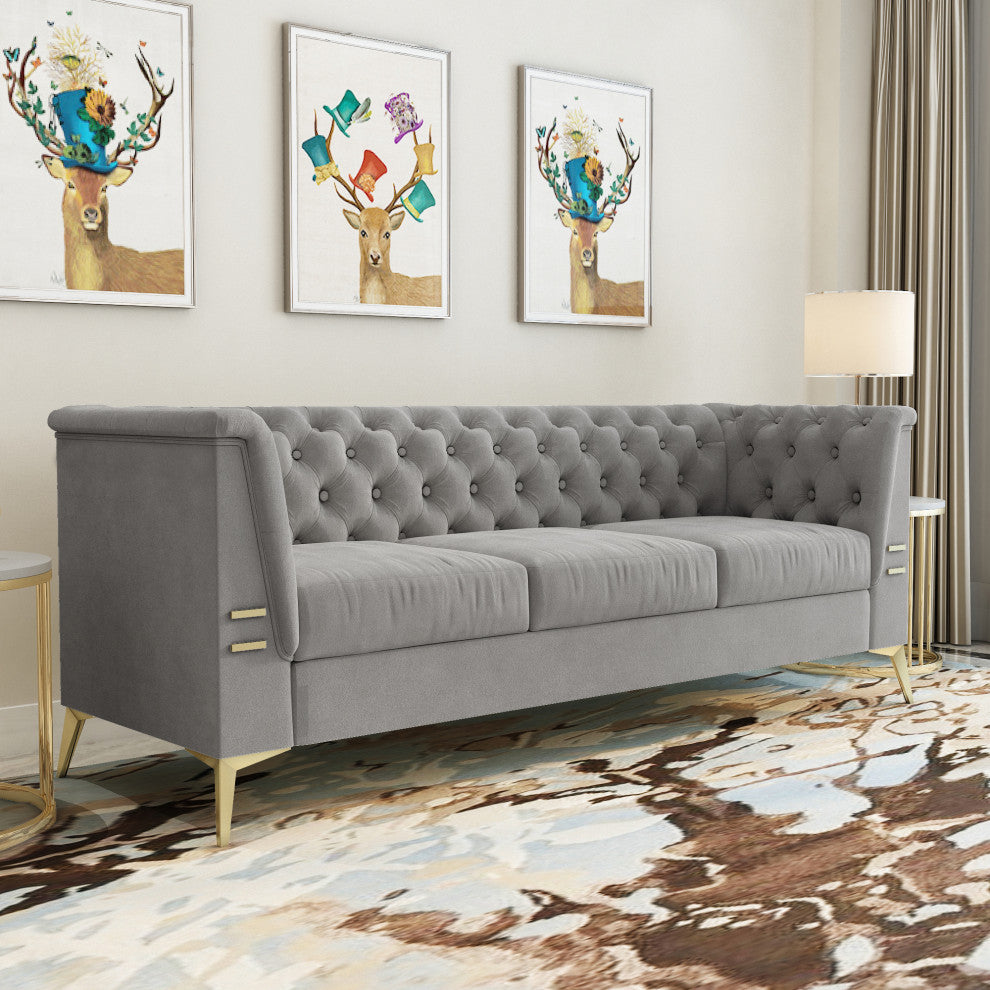 82.7'' Chesterfield Velvet Square Arm Sofa with Gold Leg, Light Gray
