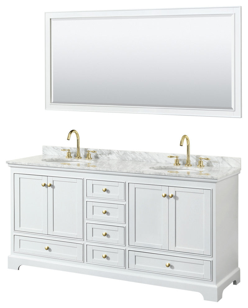 72"DBL Bath Vanity White, Carrara Countertop, Sinks, Gold Trim, 70" Mirror