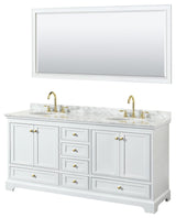 72"DBL Bath Vanity White, Carrara Countertop, Sinks, Gold Trim, 70" Mirror