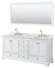 72"DBL Bath Vanity White, Carrara Countertop, Sinks, Gold Trim, 70" Mirror