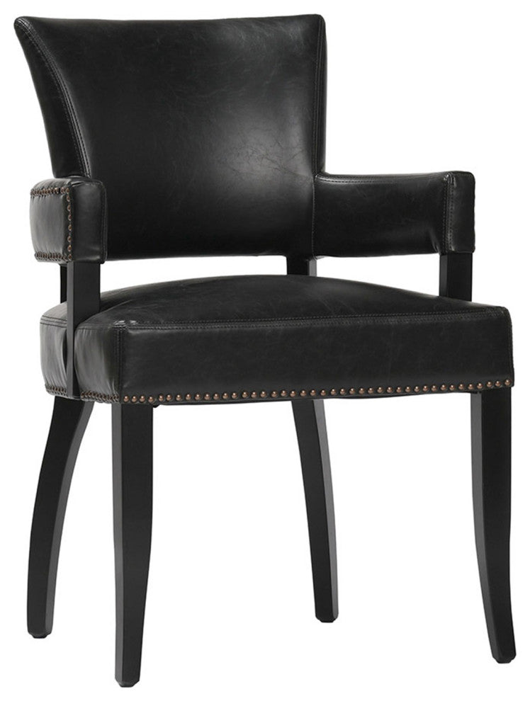 Black Leather and Nailhead Arm Dining Chair