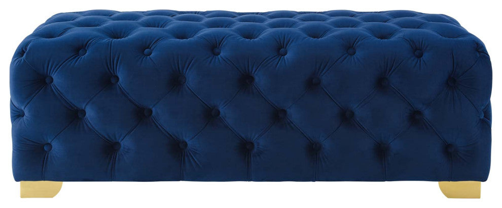 Modern Lounge Accent Chair Bench, Velvet Fabric Metal Steel, Navy Blue