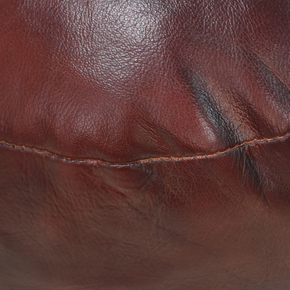 Pouf-Solid Handmade Leather Pouf (Recycled Foam with Fiber Fill), Cherry, [Round]14x14x14