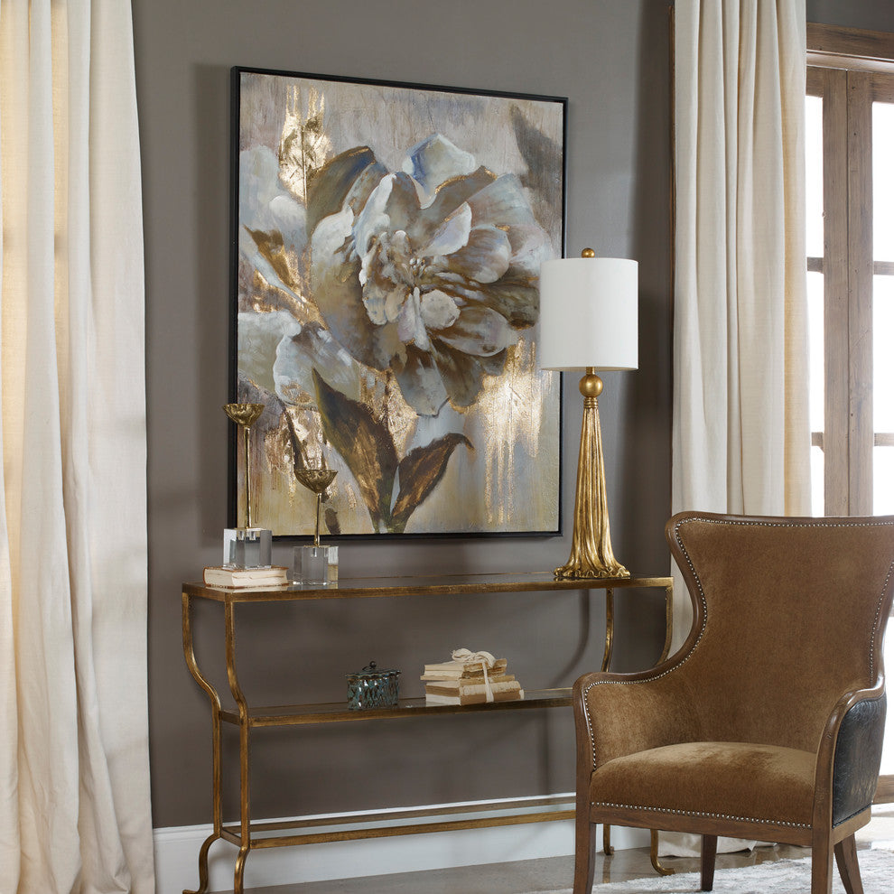 White Gold Floral Peony Painting, Oversize 51" Wall Art Artwork Flower Black