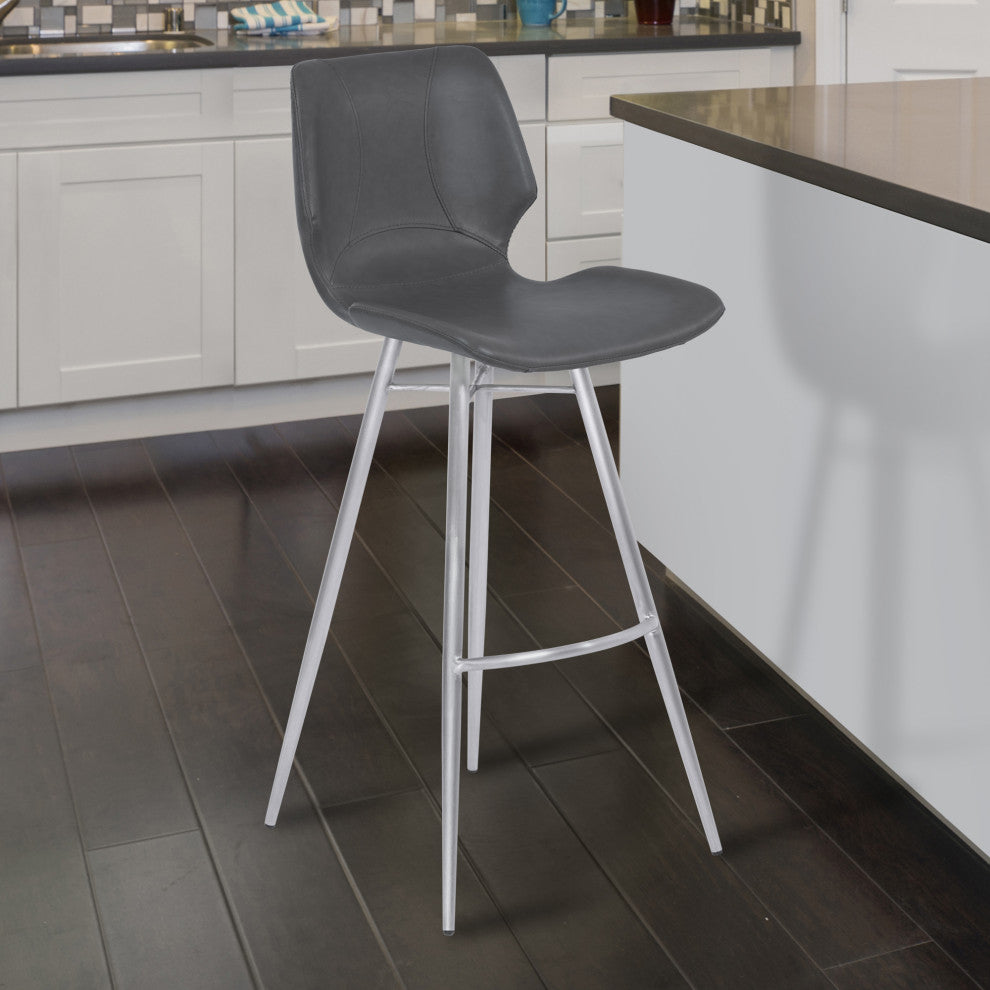 30" Bar Height Metal Barstool In Gray Faux Leather, Brushed Stainless Steel