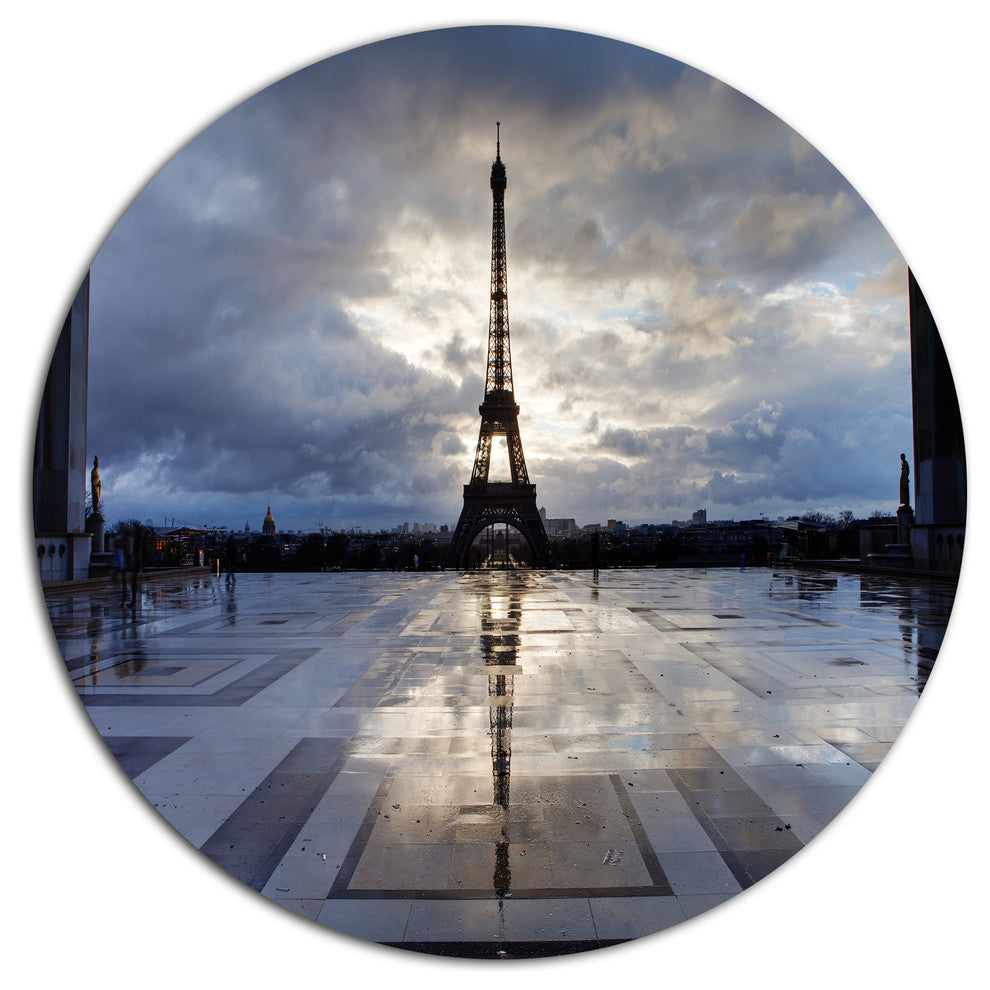 Reflection Of Eiffel Tower With Clouds, Cityscape Round Wall Art, 36"