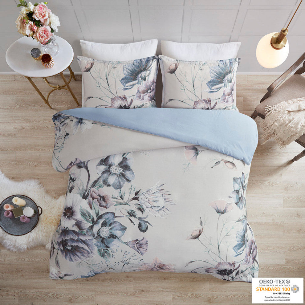 Madison Park Cassandra Shabby Chic Floral Cotton Duvet Cover Set, Blue
