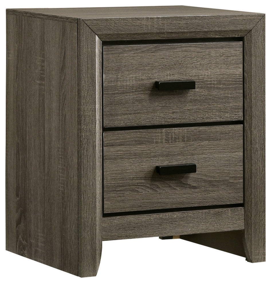 Cottage Nightstand, Beveled Accents & 2 Drawers With Black Pull Handles, Gray
