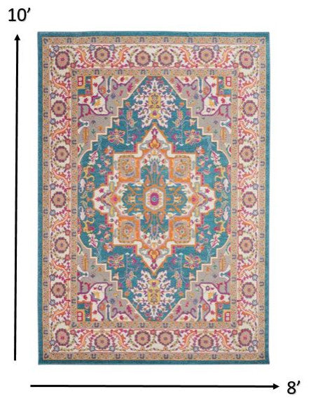 8 x 10 Teal and Pink Medallion Area Rug