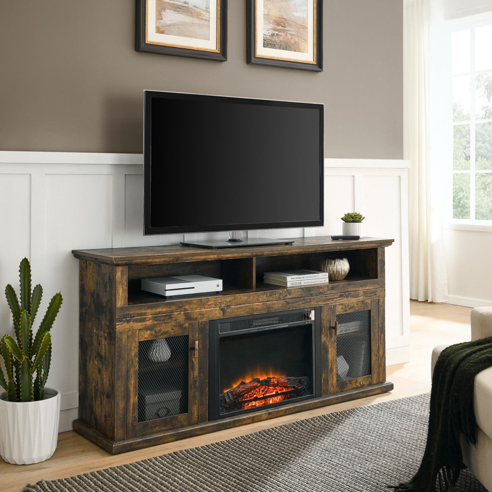65-inch Freestanding Electric Fireplace with Storage Space, Rustic Brown