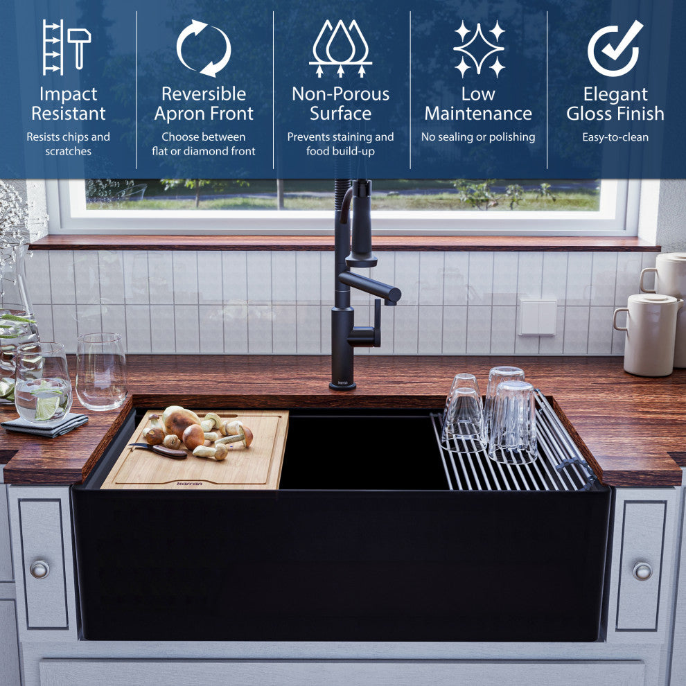 Karran 33 in. Single Bowl Workstation Fireclay Sink with Reversible Apron, Matte Black