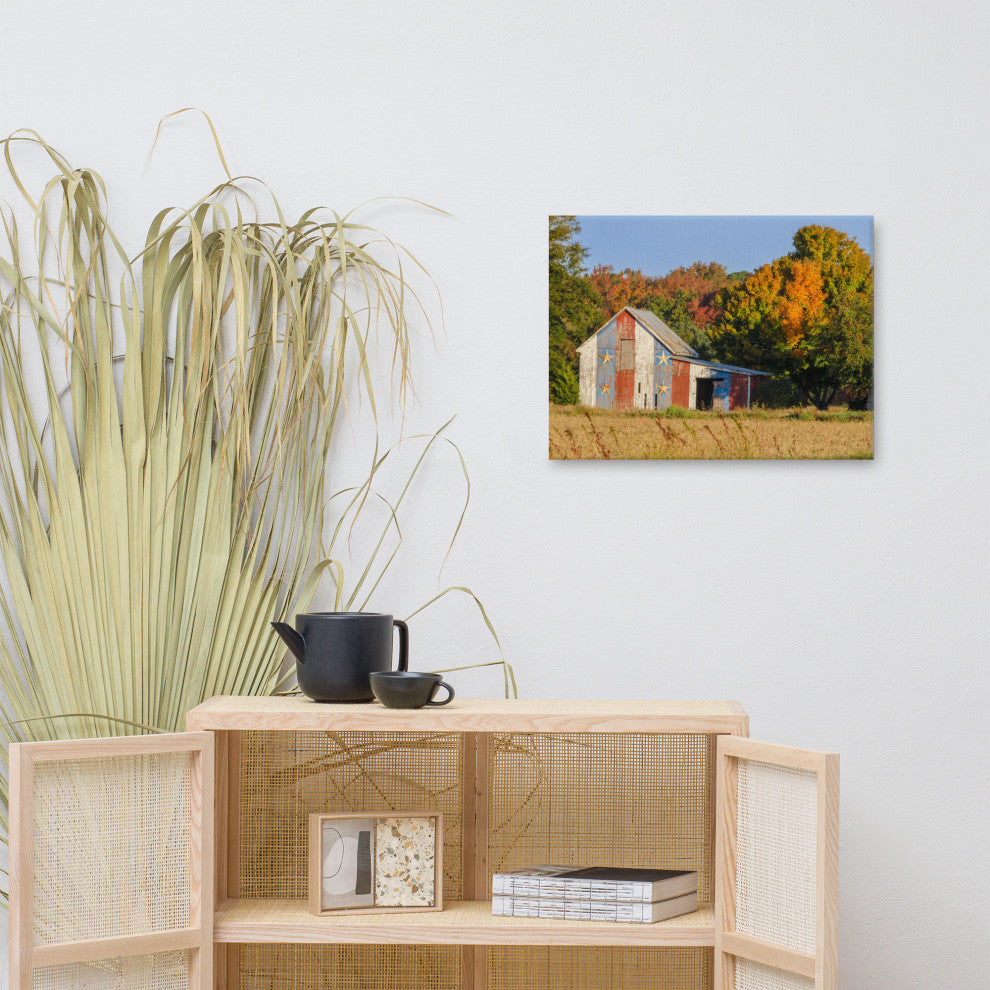 Patriotic Barn in Field Traditional Rural Canvas Wall Art Print, 18" X 24"