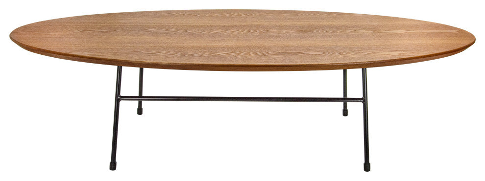 LeisureMod Rossmore Oval Coffee Table with Black Steel Frame, Walnut