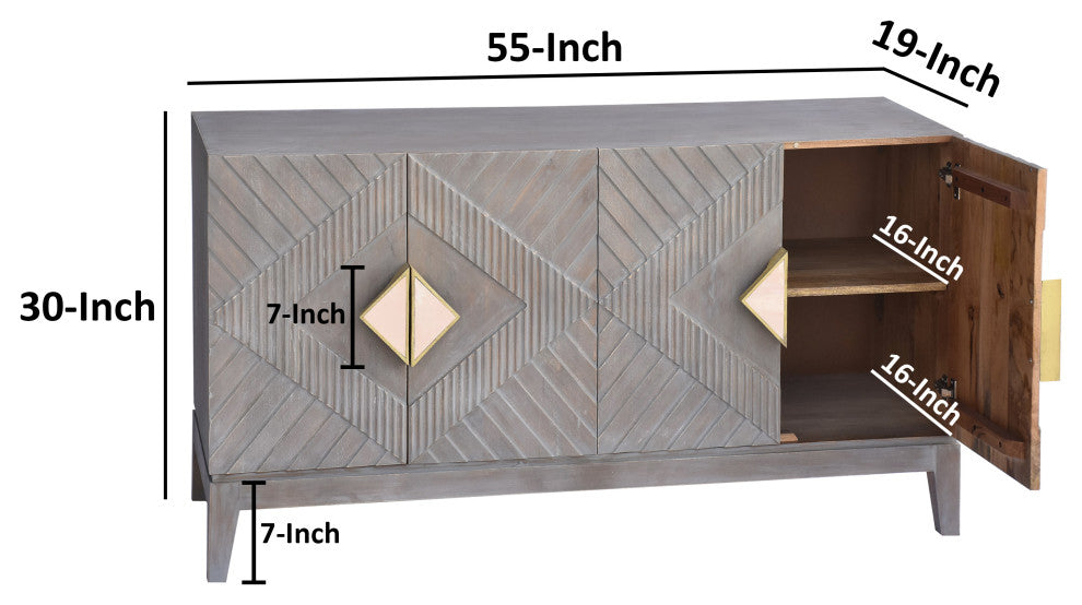 55" Mango Wood Sideboard Cabinet Console 4 Doors Shelf Diamond Carving Gray