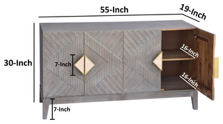 55" Mango Wood Sideboard Cabinet Console 4 Doors Shelf Diamond Carving Gray