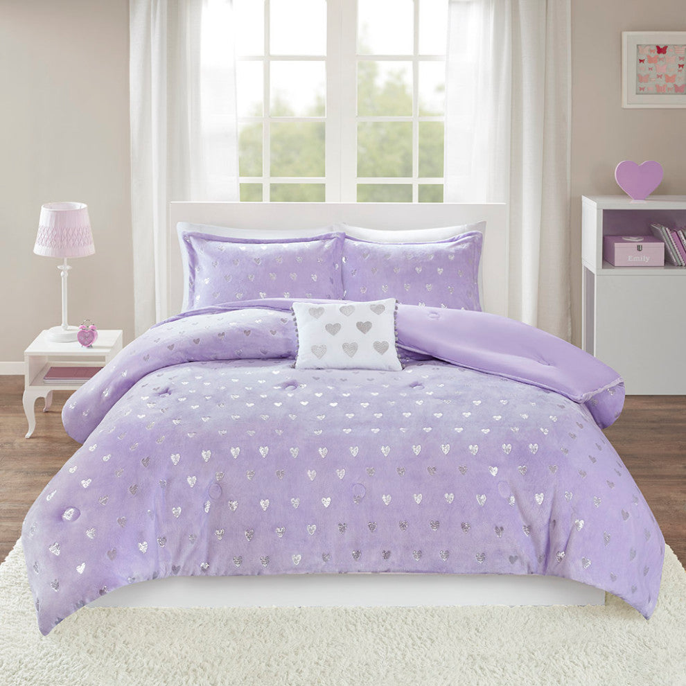Mi Zone Rosalie Metallic Printed Plush Comforter Set, Purple/Silver